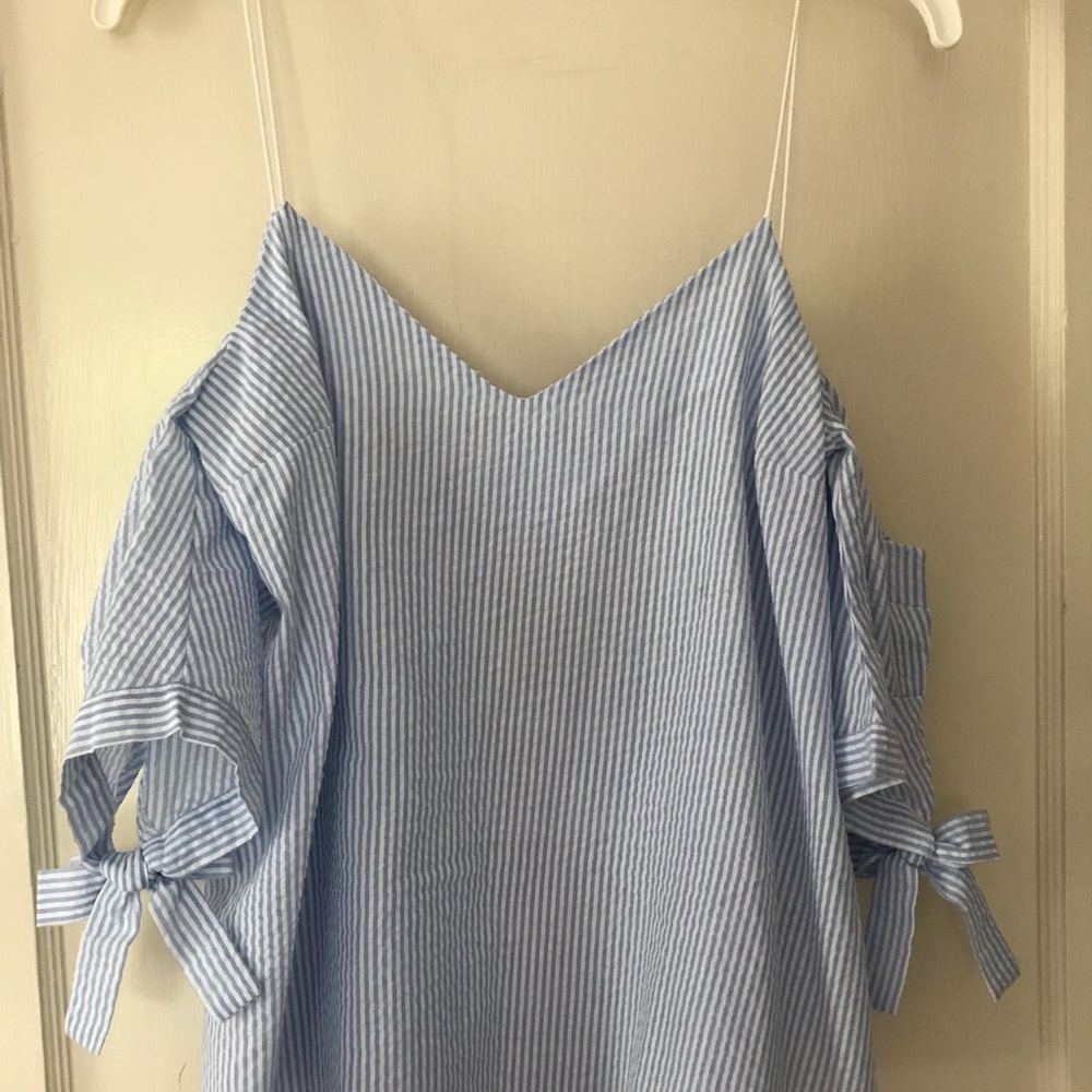 Blue Seersucker Off the Shoulder Top